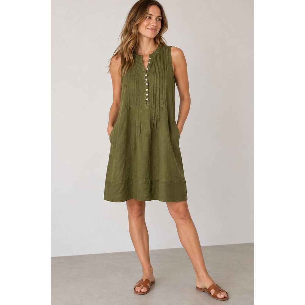 Quince 100% European Linen Swing Dress S Olive Green Pintuck Sleeveless Pockets